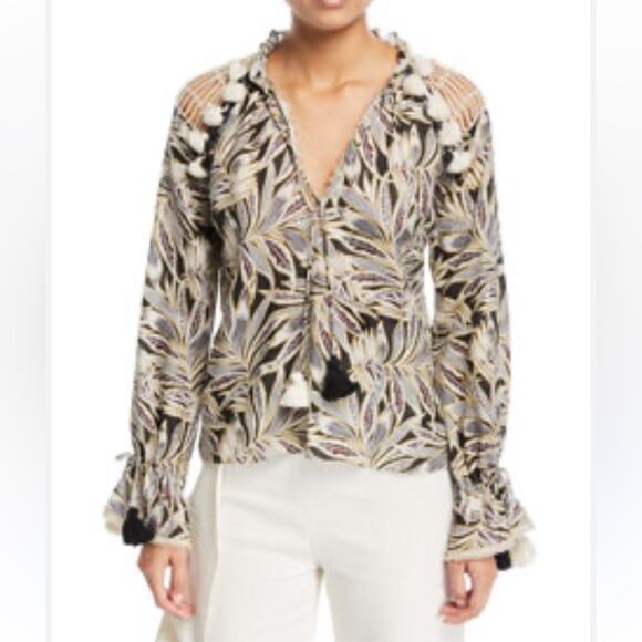 Alexis Seila Split-Neck Long-Sleeve Palm-Print Top size Medium - Picture 1 of 10
